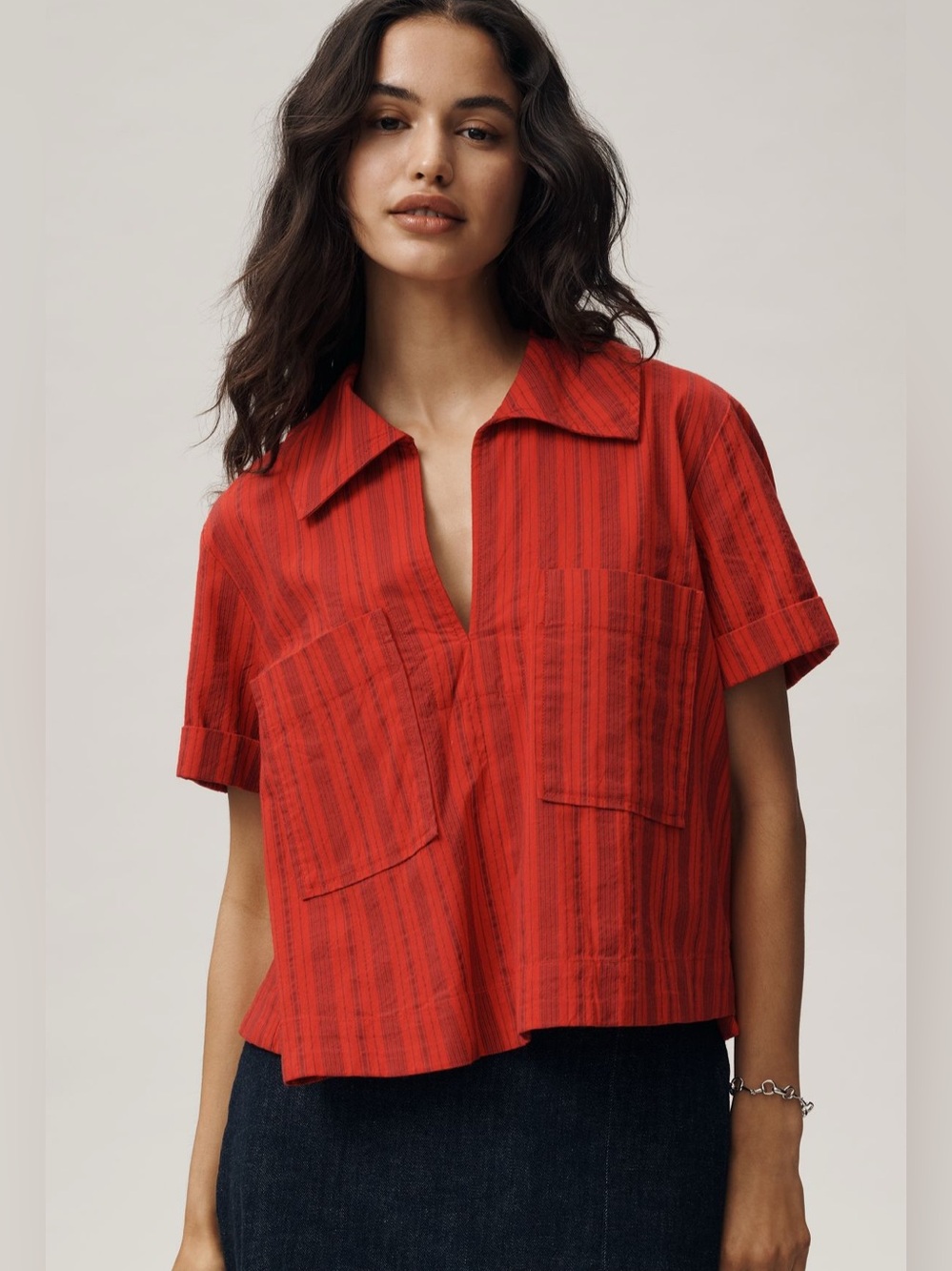 Maeve Short Sleeve Swing Top- Red Stripe